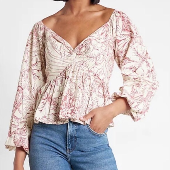 Express Printed Off The Shoulder Twist Front Peplum Top size Small - Picture 1 of 15